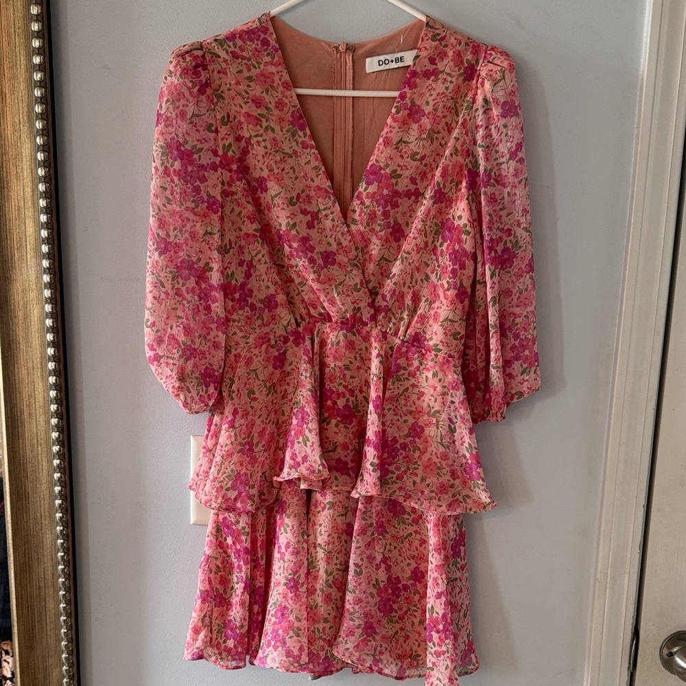 DO+BE Pink Floral Ruffle Mini Dress Small  Coquette Cottagecore Romantic Femme